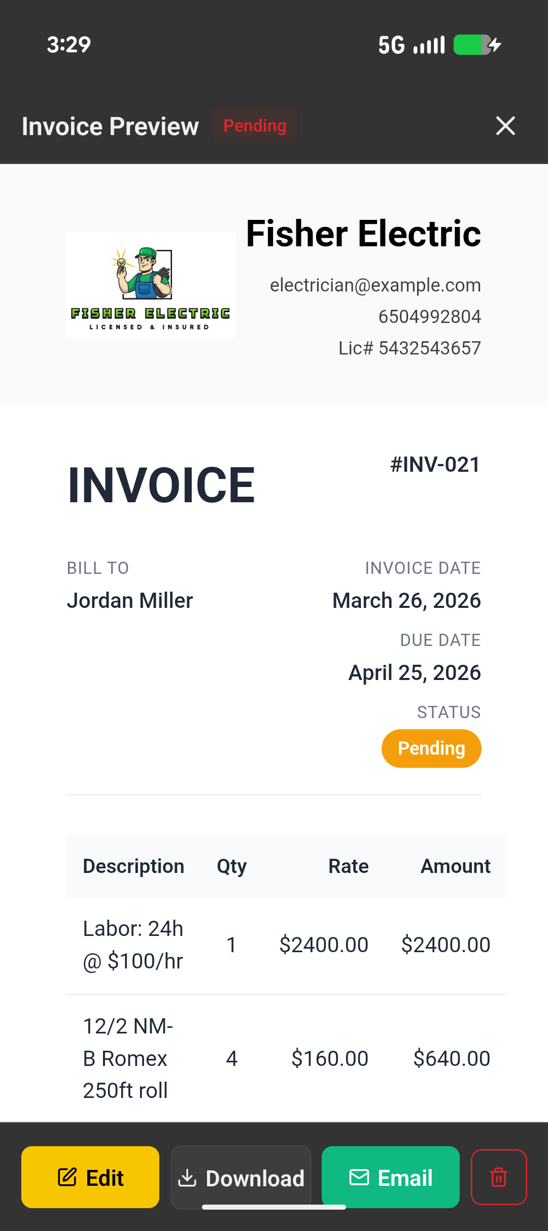 Electrician Pro X Estimates Screen