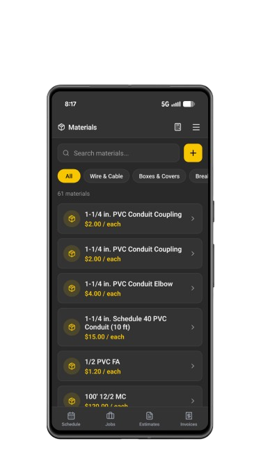 Materials Database screen